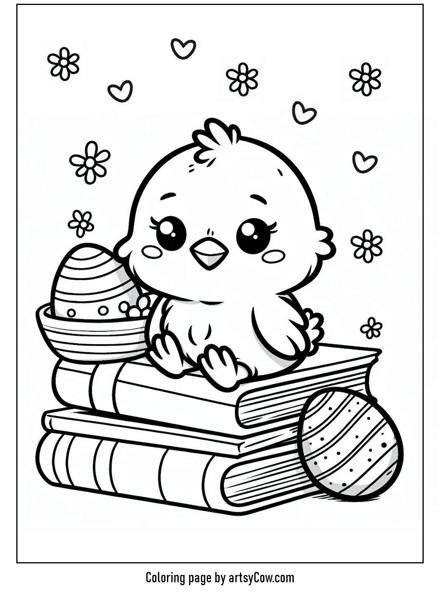 Easter chick coloring pages features an adorable chick sitting on a stack of books surrounded by decorated Easter eggs and small flowers.